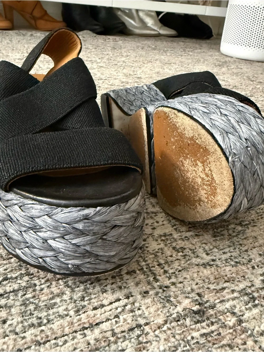 Robert Clergerie Black Wedge Sandals with Braided Gray Platform